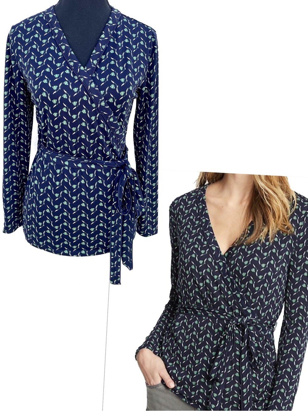 Ann Taylor Faux Wrap Belt Top Sz S Long Sleeves Navy & Green Vines Career Office